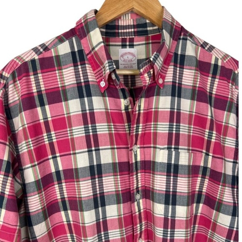 Brooks Brothers Shirt Short Sleeve Plaid Button Up Men's Large Pink/Black/Green‎